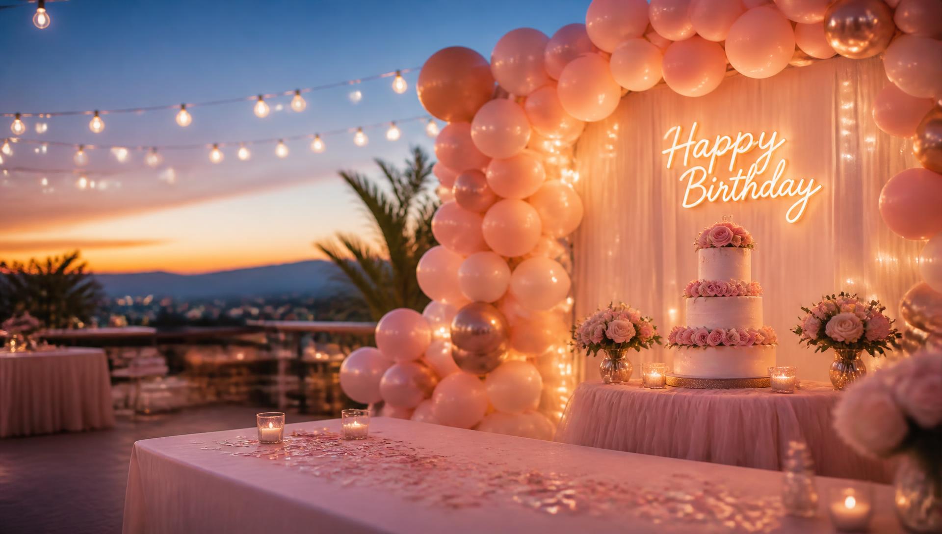 Birthday balloon arch and tiered cake lit at dusk