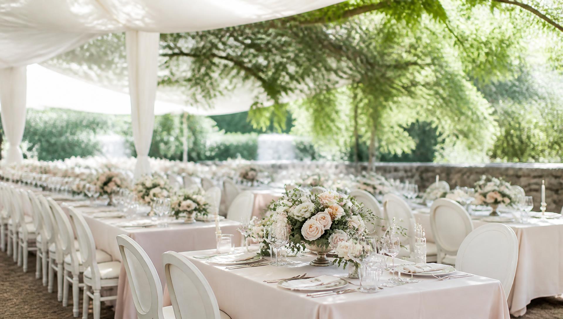 Daylight wedding reception tables under a white canopy