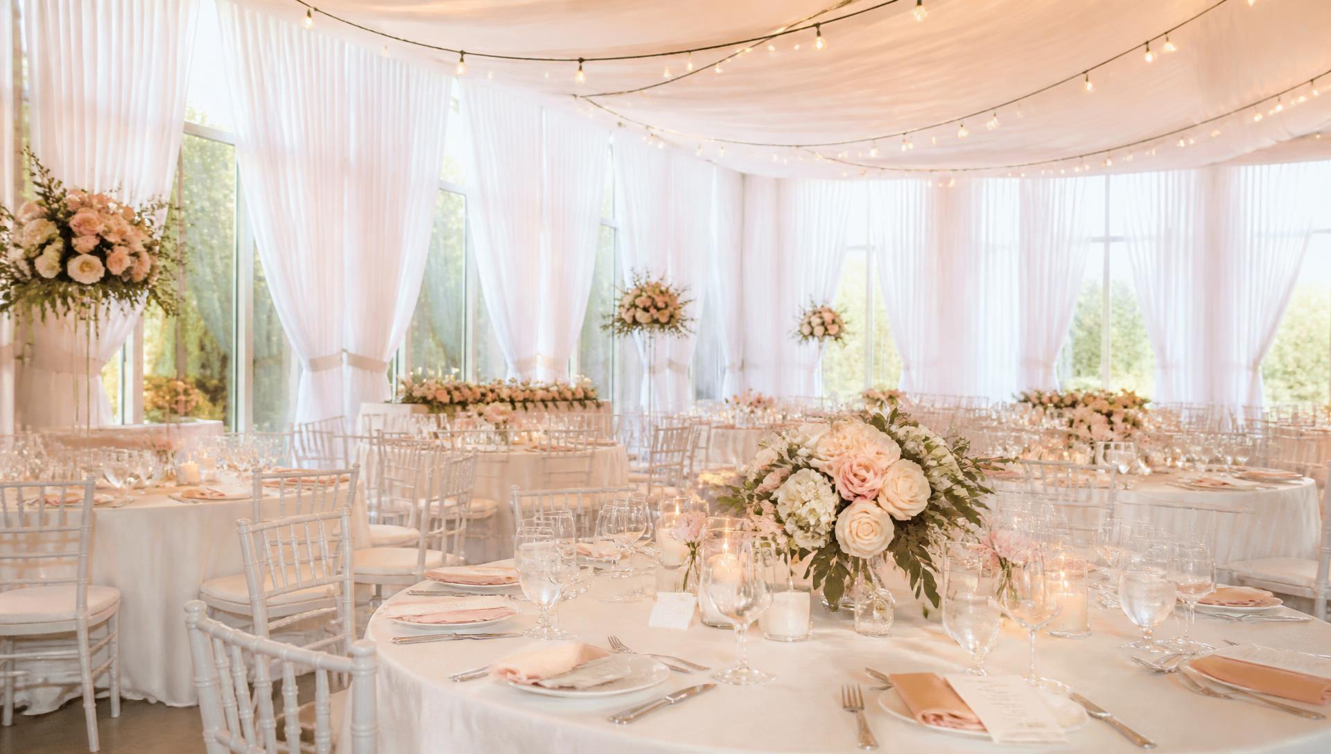 Light-filled celebration hall dressed with blush florals