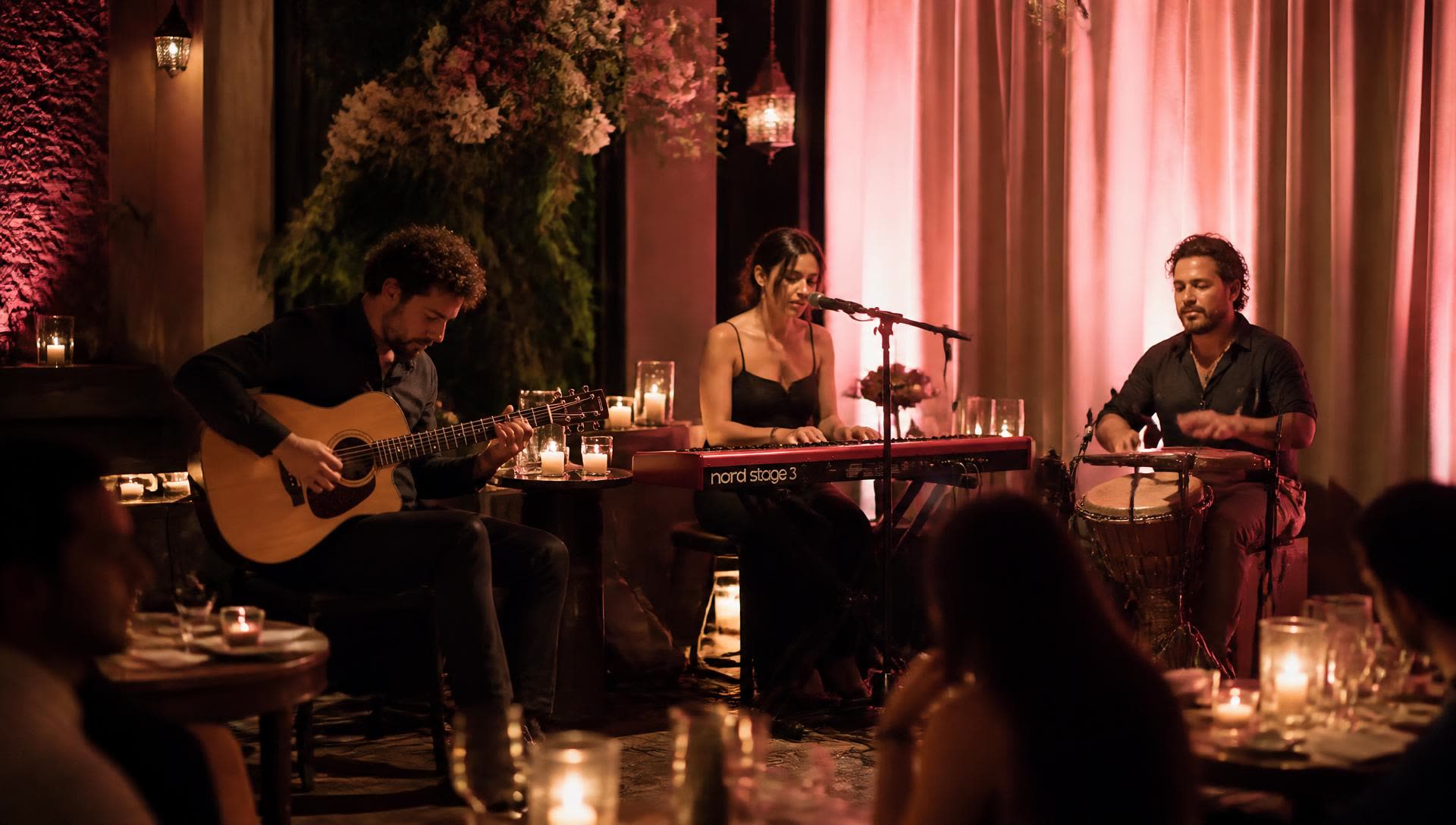 Musicians playing an acoustic jamming session by candlelight