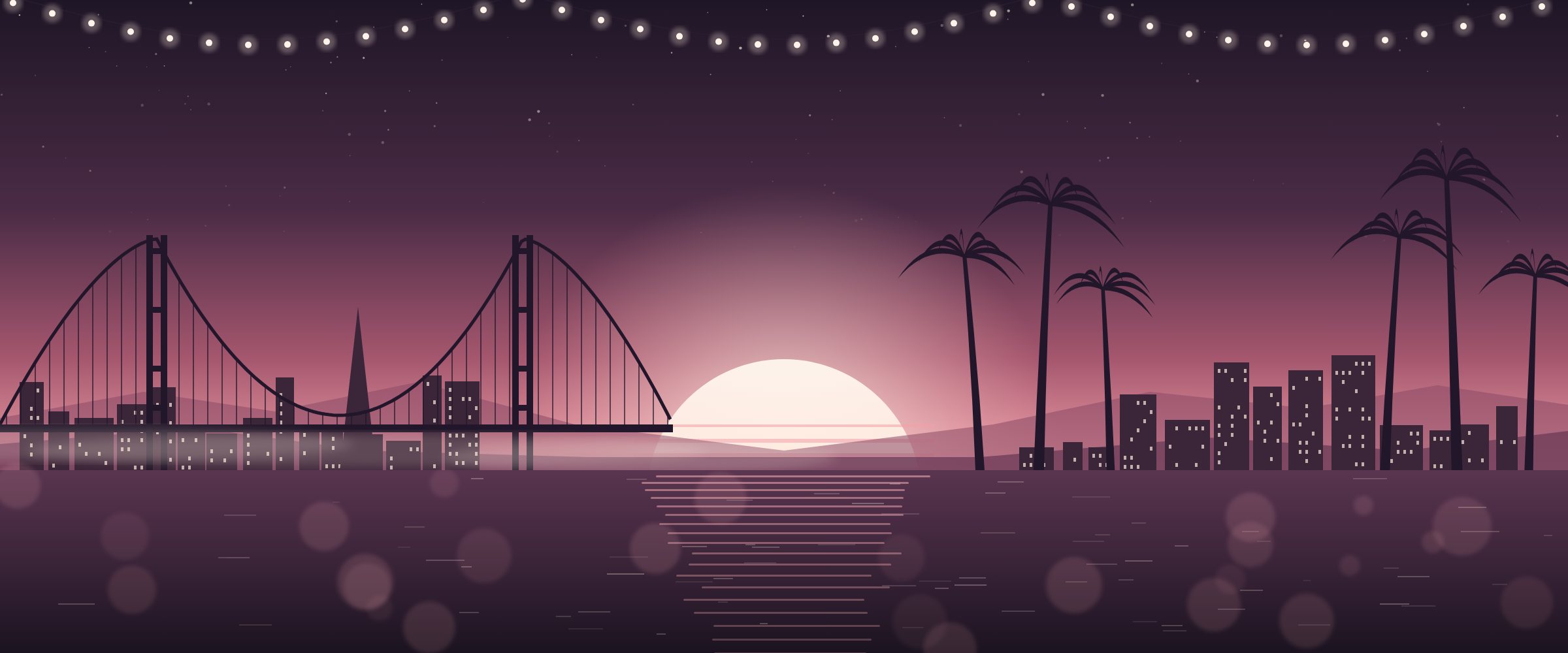 Illustration of a sunset between a San Francisco suspension bridge and Los Angeles palm trees, under string lights