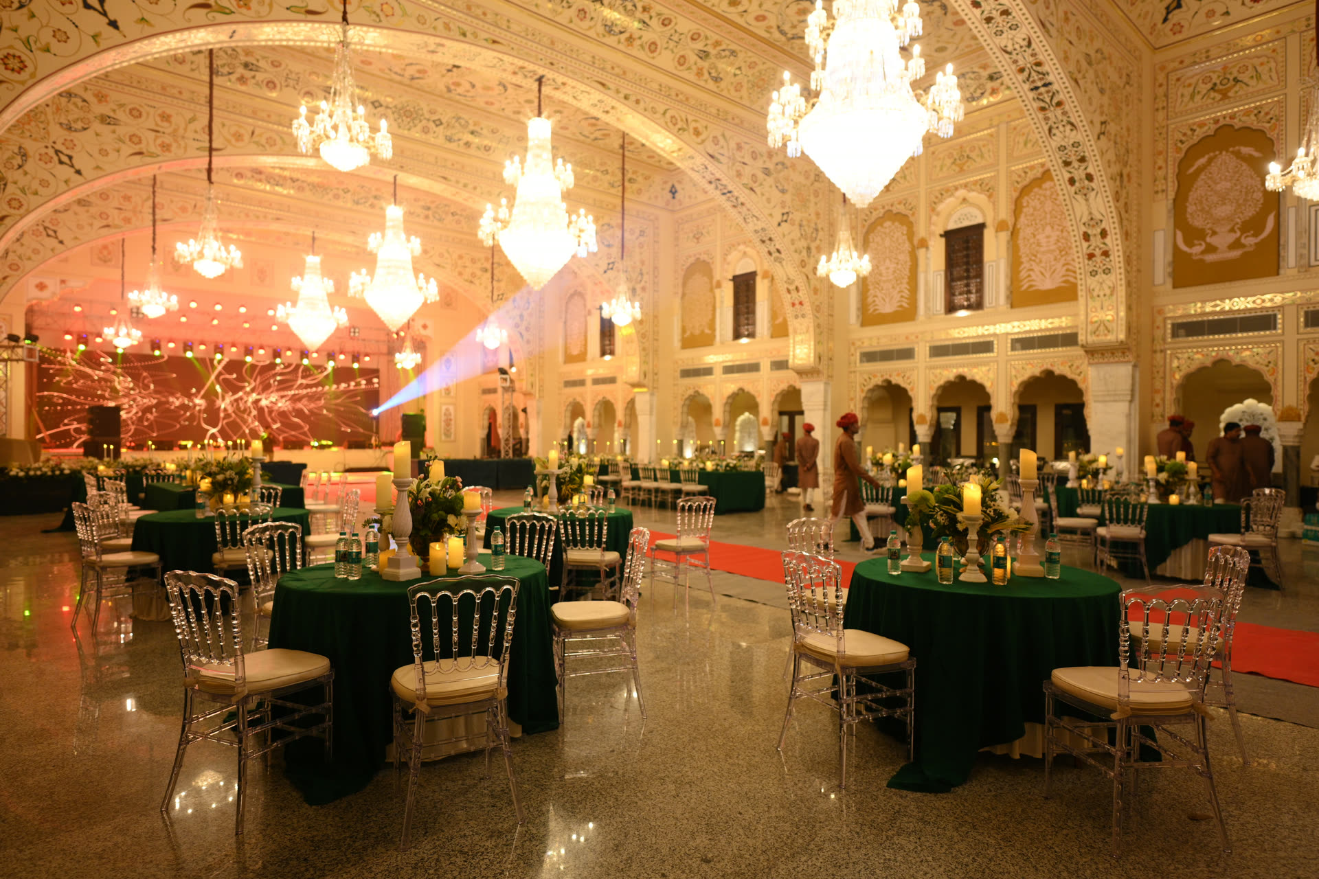 Grand chandelier hall dressed for a wedding reception